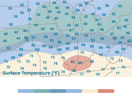 A contour map showing surface temperature in degrees Fahrenheit. Given the map, the midpoint rule would give rectangles with values 71, 72, 40, and 43.
