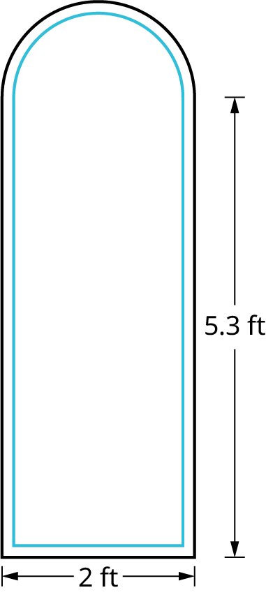 A polygon shows a semicircle resting on top of a rectangle. The length and width of the rectangle measure 5.3 and 2. The radius of the semicircle measures 2.