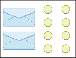 Two light blue envelopes are paired with eight light yellow circles arranged in two columns of four on a white background.