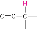 A 3-carbon chain with a double bond between C 1 and C 2. C 3 with two open single bonds is bonded to a highlighted hydrogen atom.
