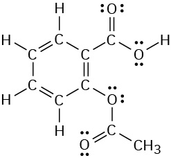 The chemical structure of aspirin featuring two lone pairs on each oxygen atom.